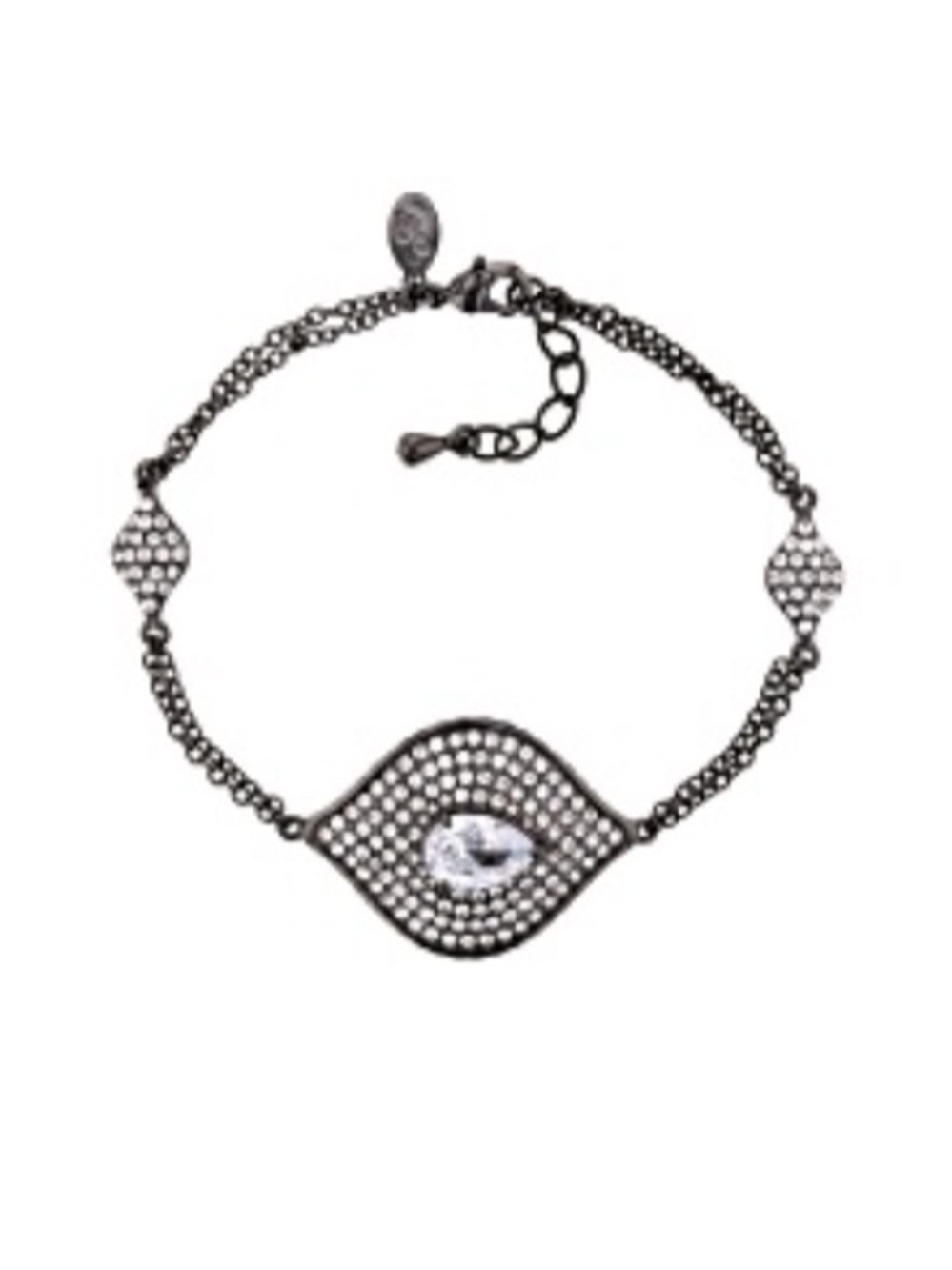 JTV JOAN BOYCE, GUNMETAL TONE
WITH WHITE CRYSTAL EVIL EYE
STATION BRACELET - Picture 1 of 7